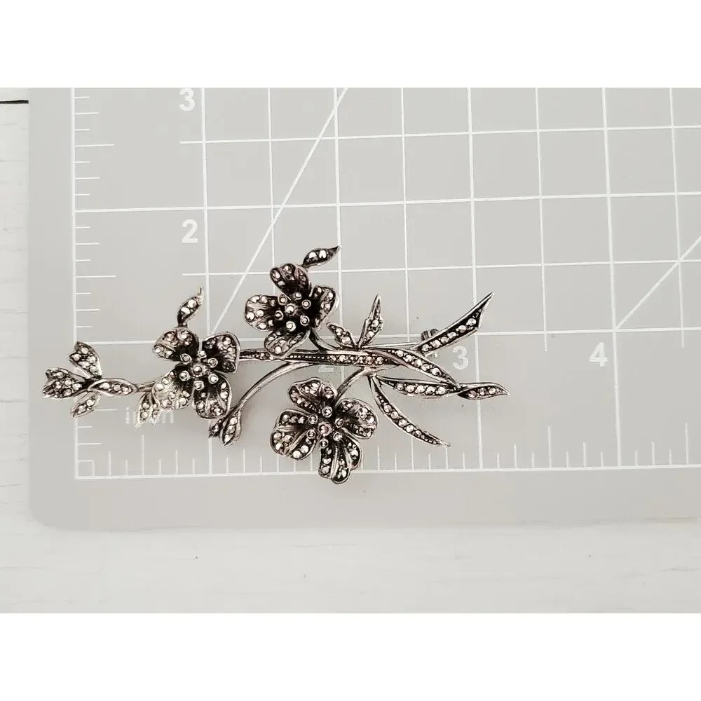 Vintage Sterling Silver Marcasite Floral Brooch
